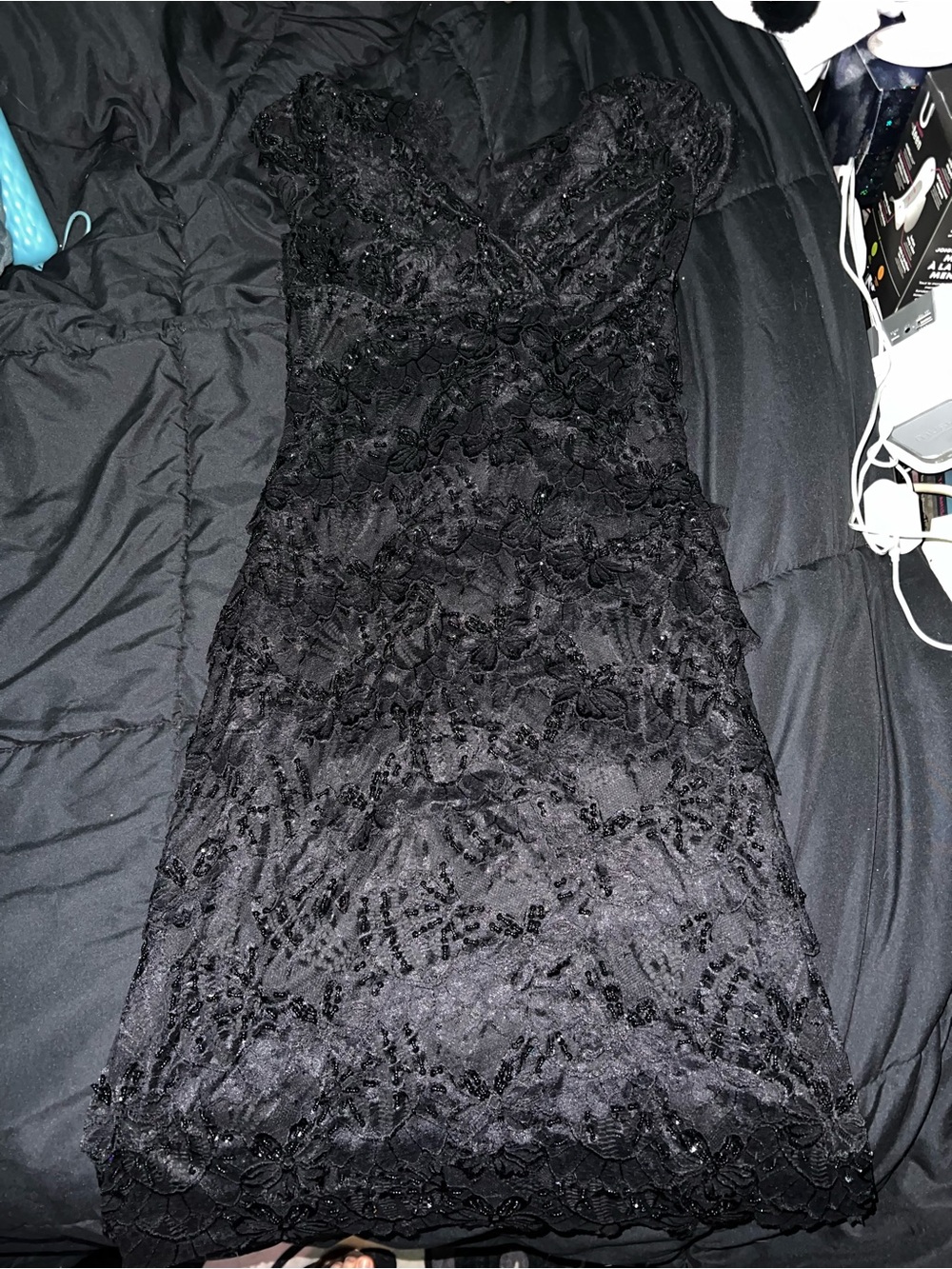 le chateau Black Strapless Lace Cocktail Dress